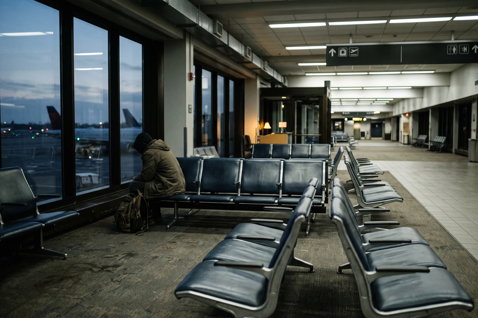 Rows of empty black vinyl seats in an airport departure lounge at dawn, one figure sitting alone by the window with aircraft on the tarmac beyond.