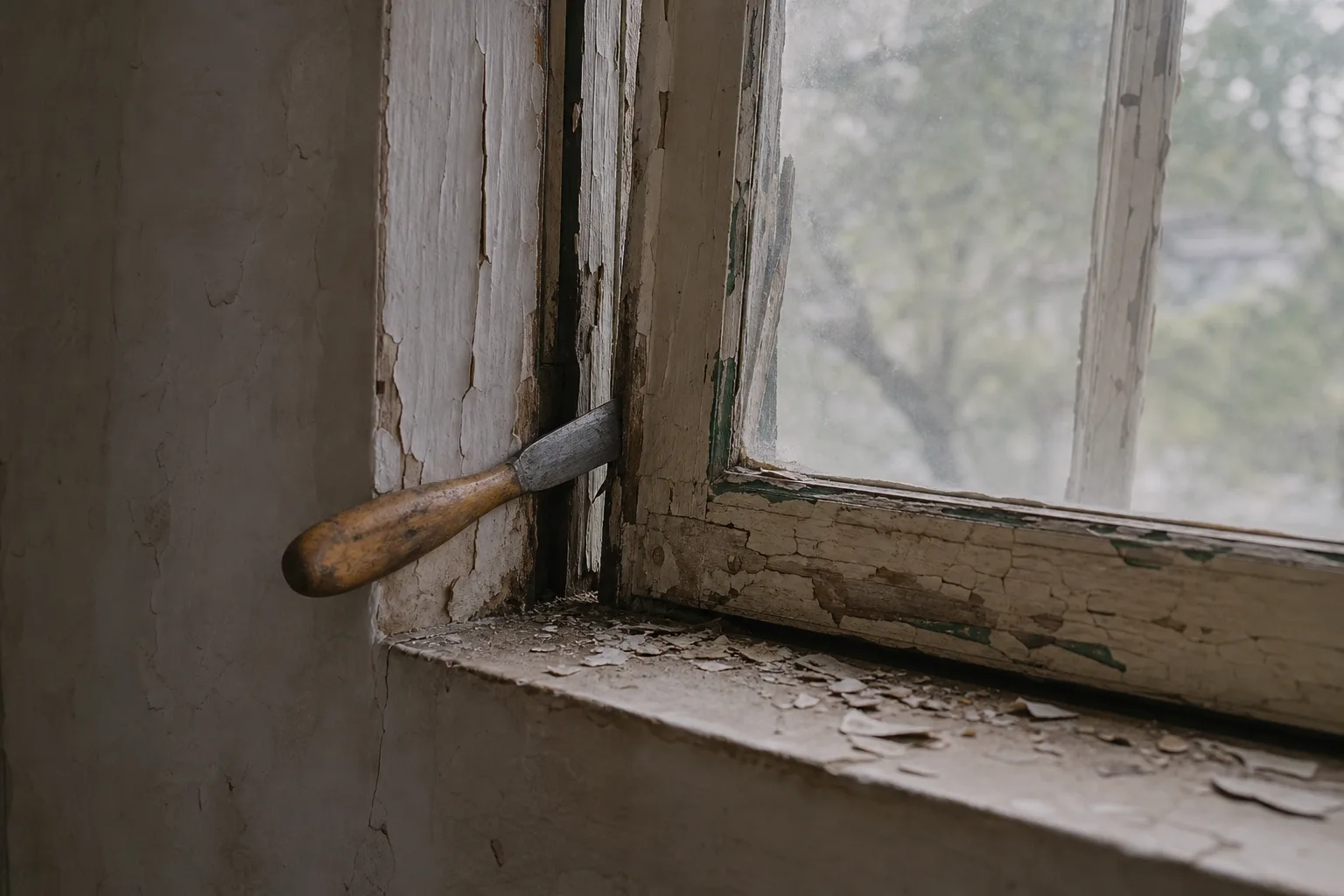 A putty knife worked into the paint-sealed seam of an old sash window, flakes of paint scattered across the sill.