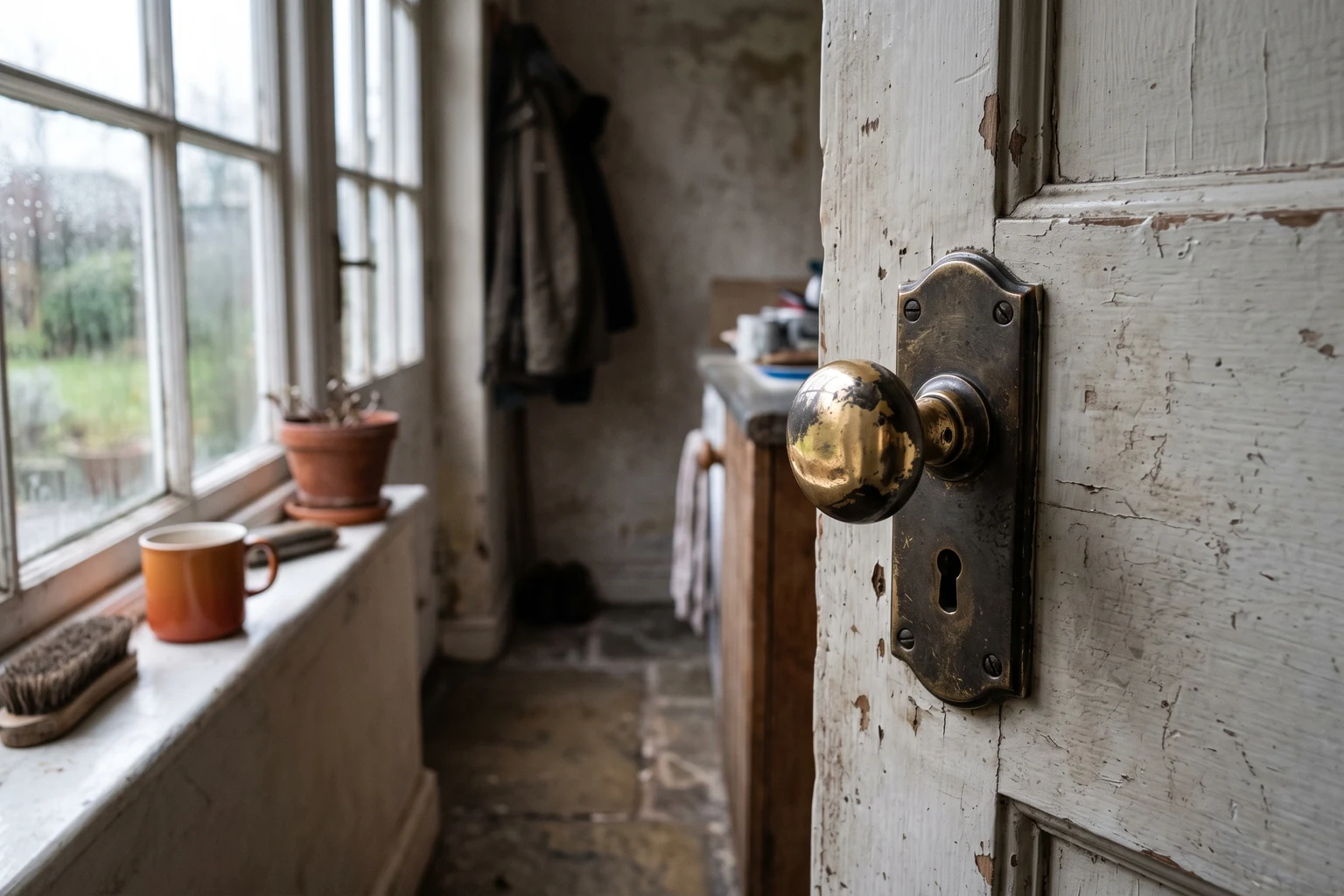 A brass door knob rubbed bright by use on a paint chipped door, a hallway beyond.