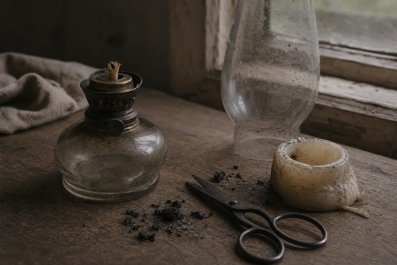 Small scissors, black wick trimmings, and a sooty oil lamp set on a worn wooden table by a window.