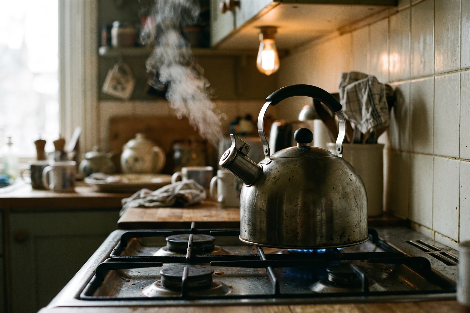 A steel kettle steaming on a gas hob in a worn tiled kitchen.