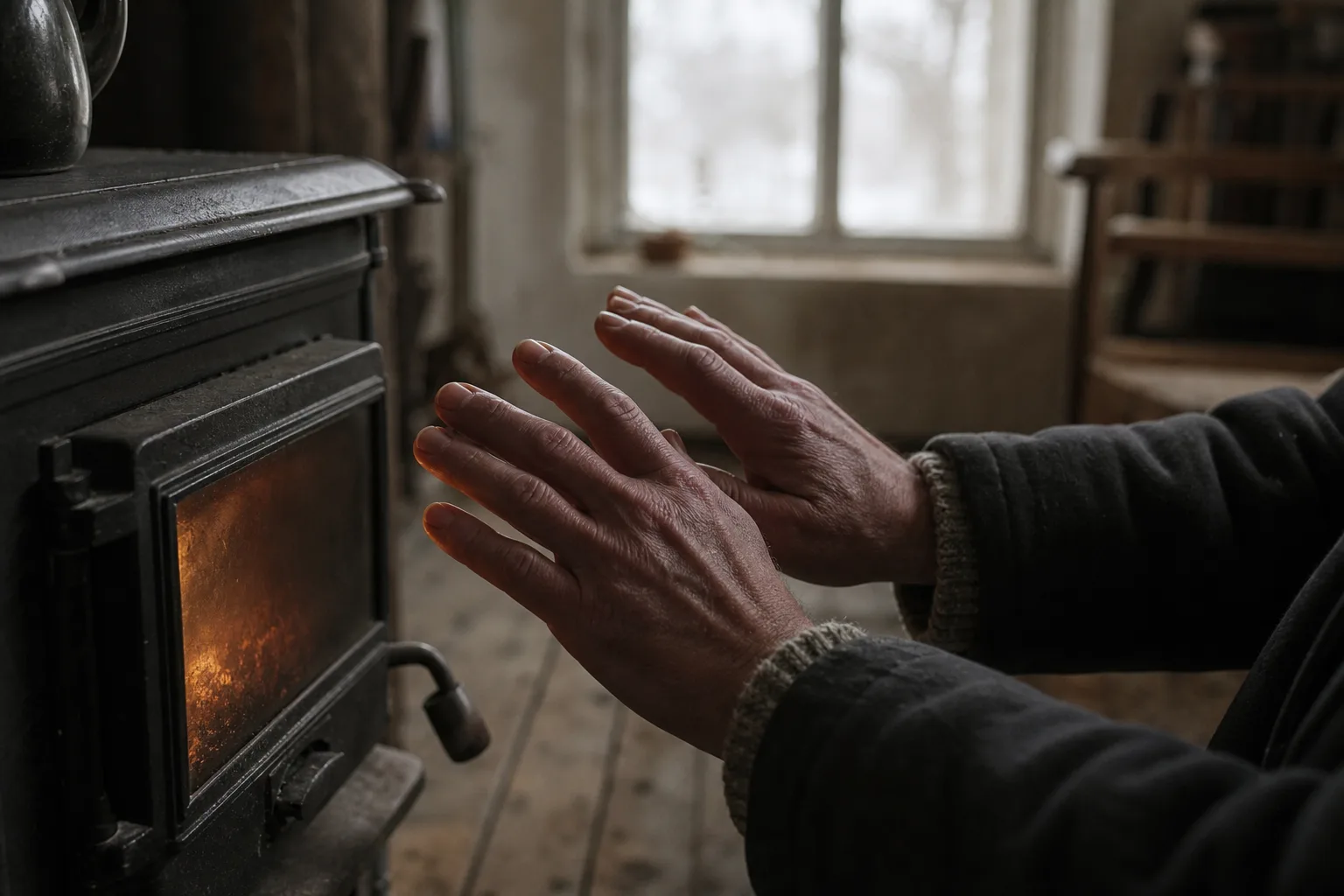 Cold reddened hands held near the warm door of an old black iron stove in a winter kitchen.