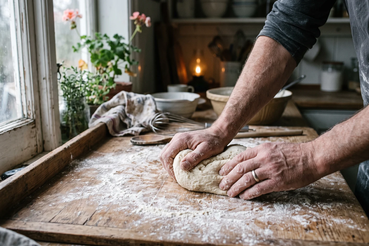Hands pressing pale dough on a heavily floured wooden table in a dim kitchen.