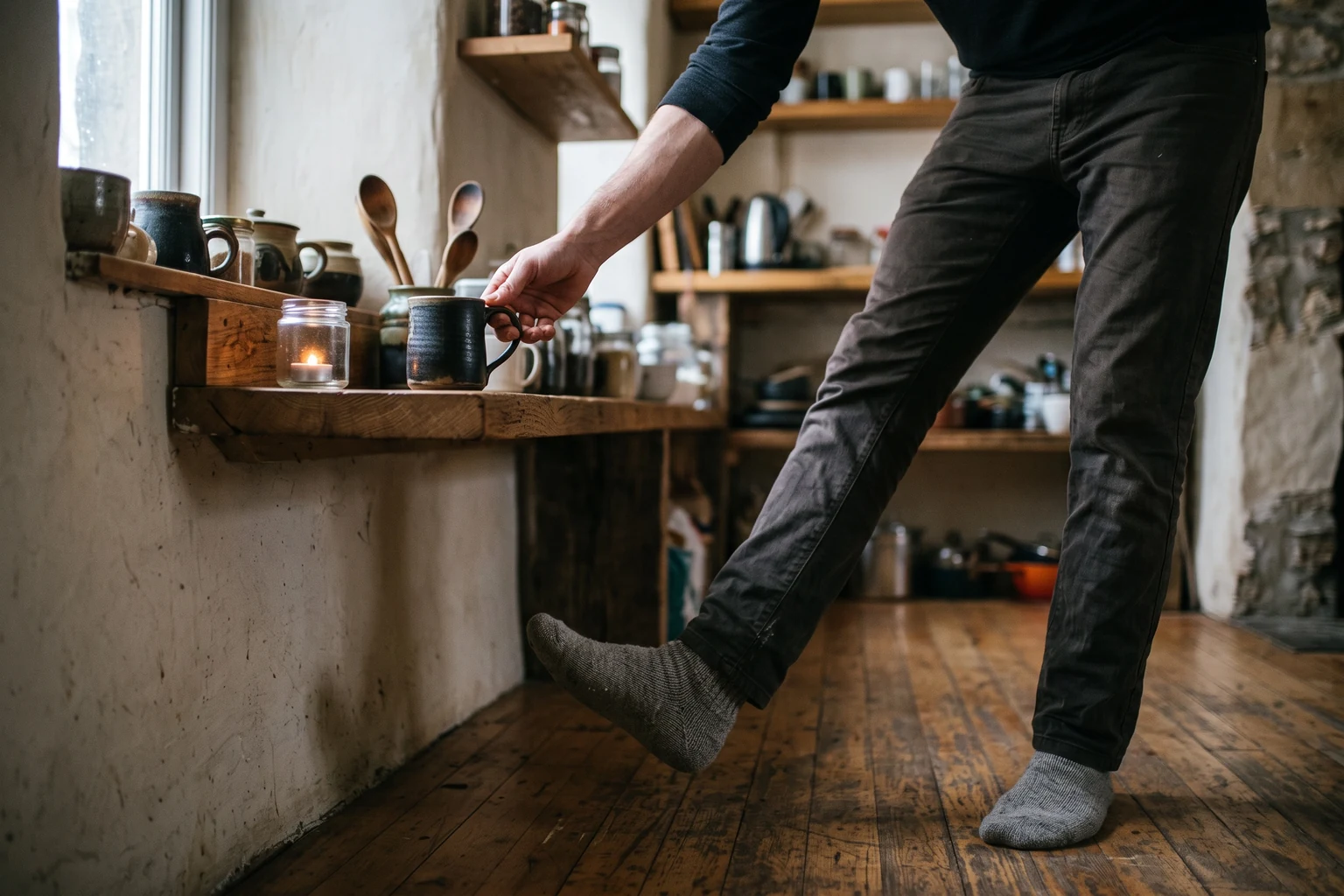 A person in socks stretching up on tiptoe to reach a mug on a high shelf.