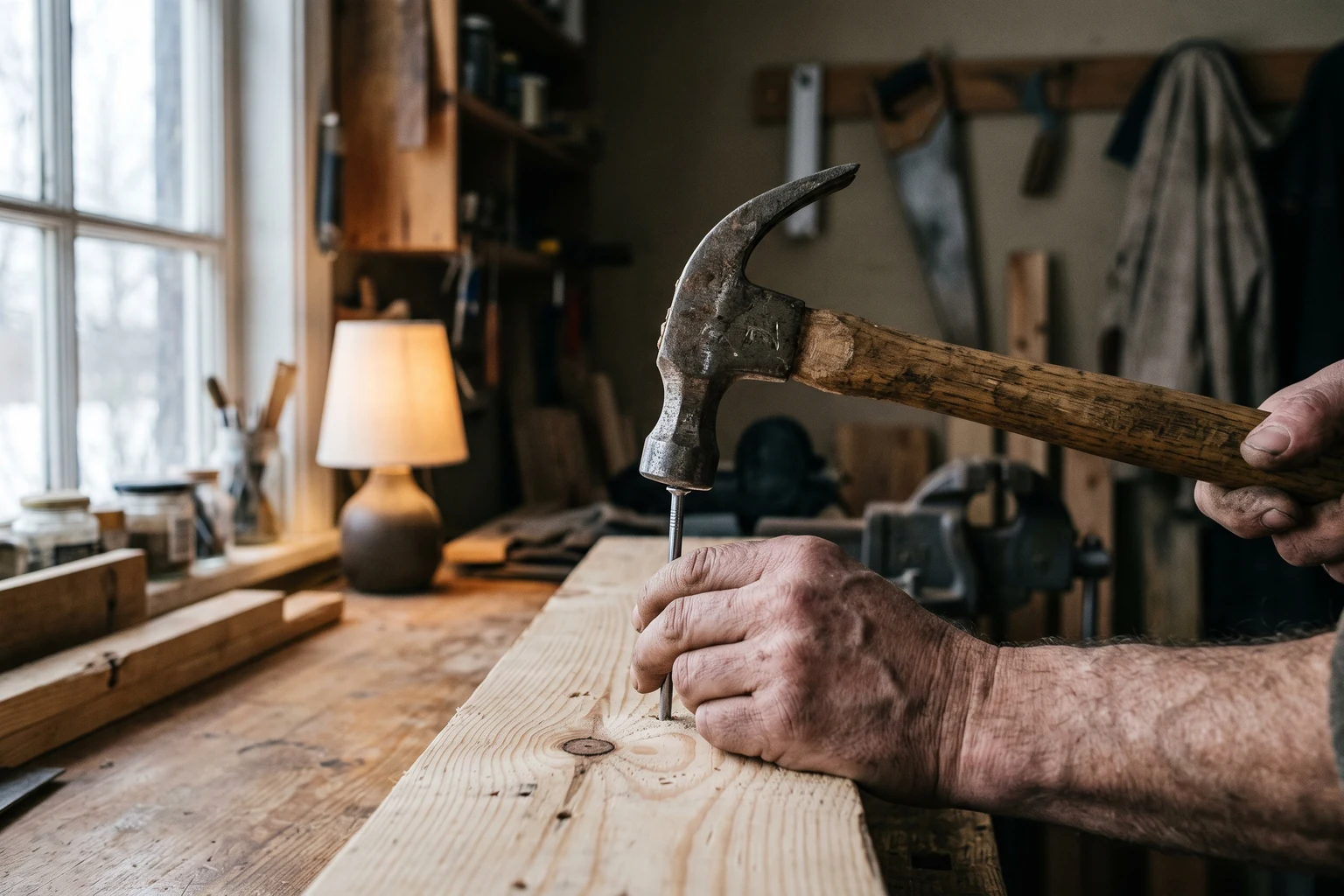 A hand steadying a nail in a pine board while the other swings a hammer, in a workshop.