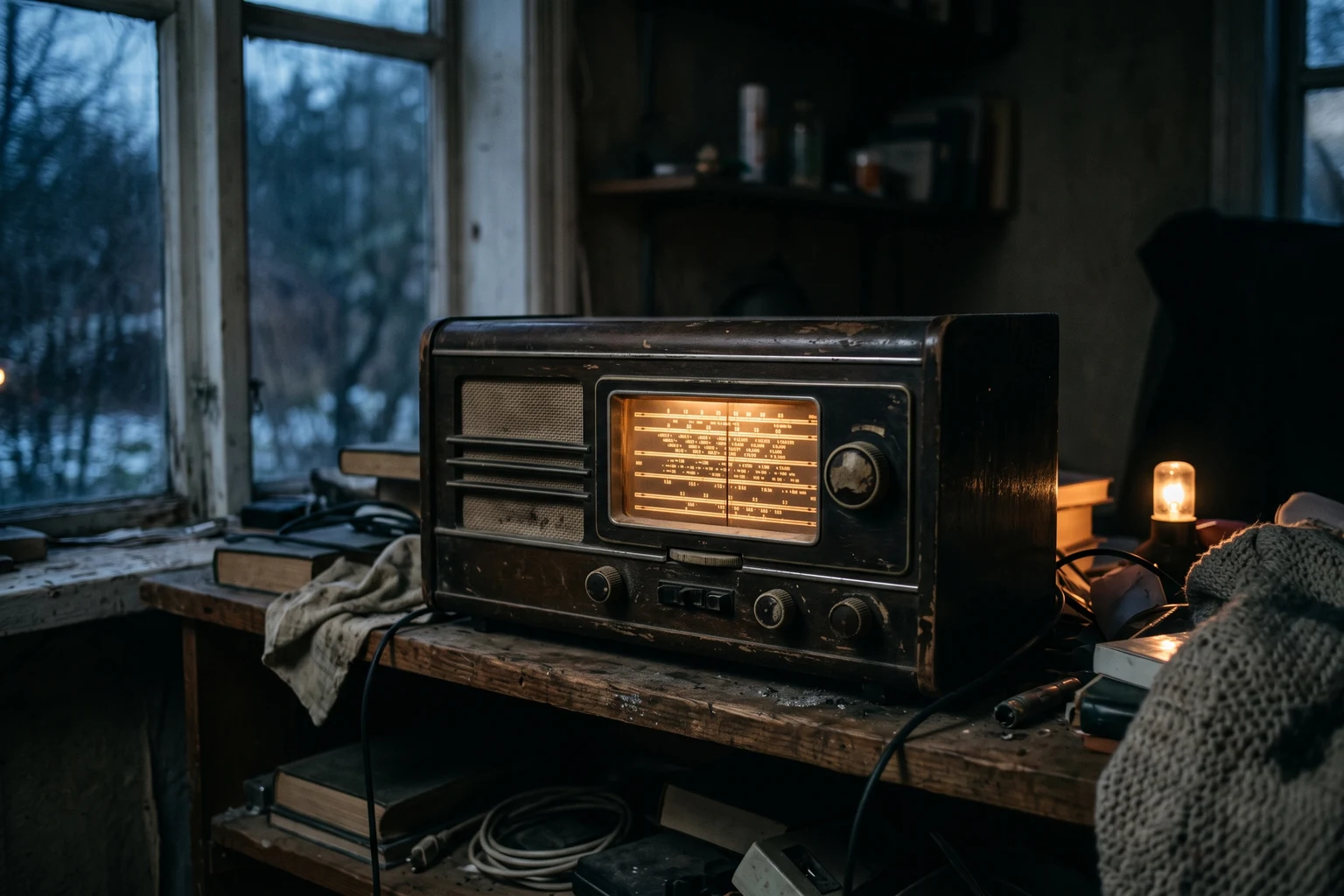 An old valve radio with a warmly lit dial on a cluttered workbench beside a dark window.