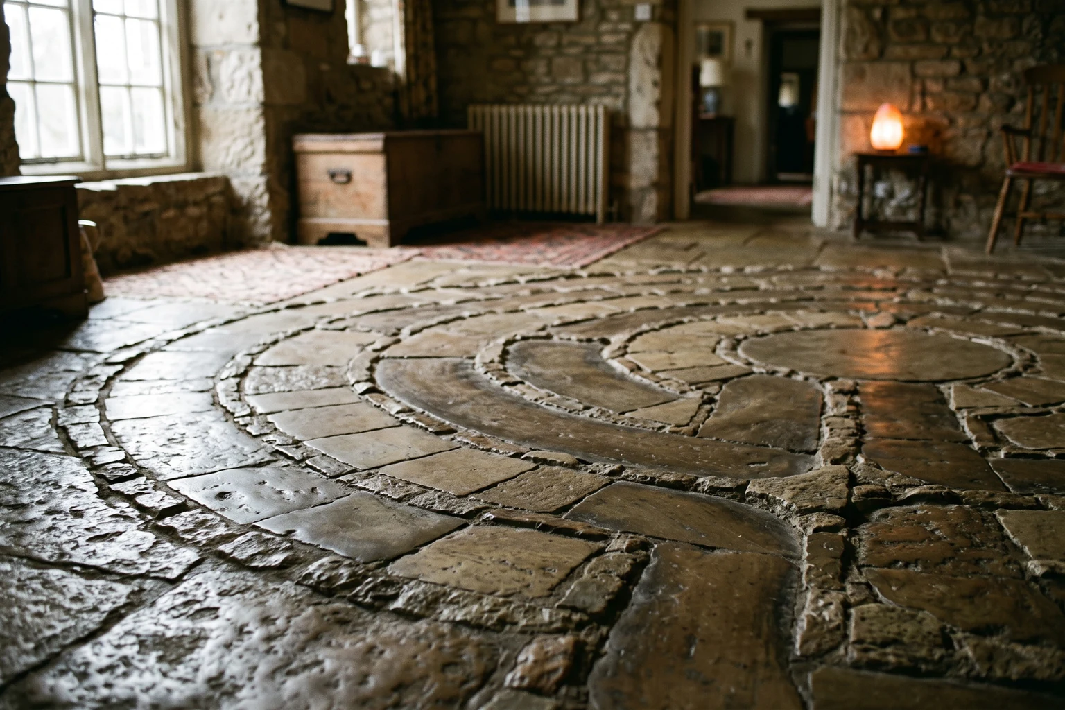A labyrinth of pale stone laid into a worn flagstone floor as one winding path.