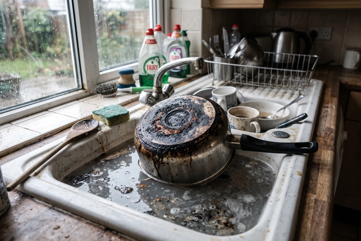 A scorched pan with a blackened base soaking in a cluttered kitchen sink beneath a window.