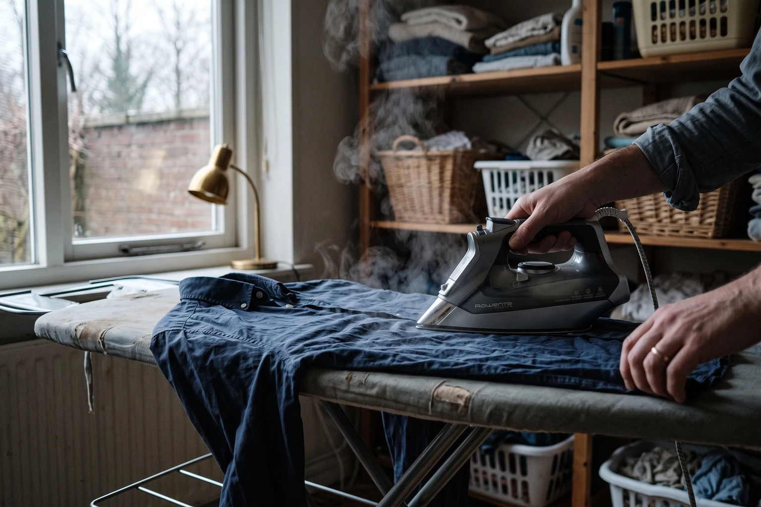 A steam iron pressing a dark shirt on an ironing board, steam rising, laundry shelves behind.