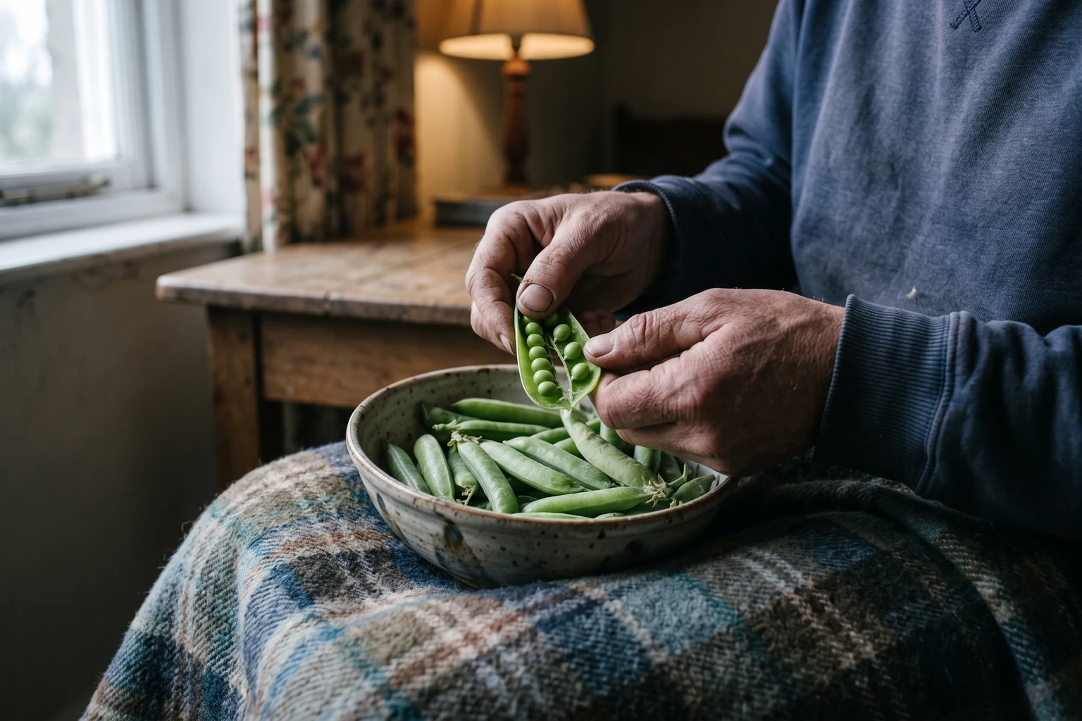 Hands splitting a pea pod over a bowl of pods resting on a blanket across the lap.