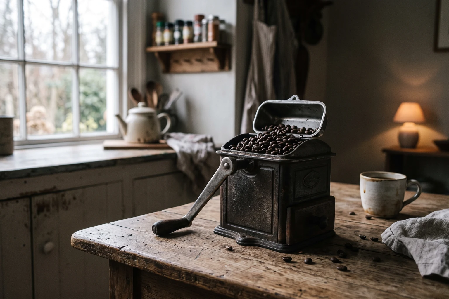A cast iron hand coffee grinder full of dark beans on a wooden table by a window.
