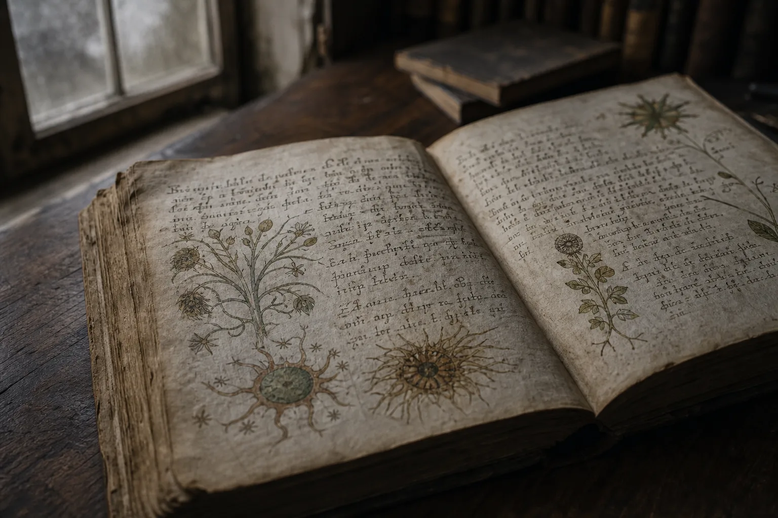 An open aged manuscript with strange botanical drawings and looping unreadable script near an old window.