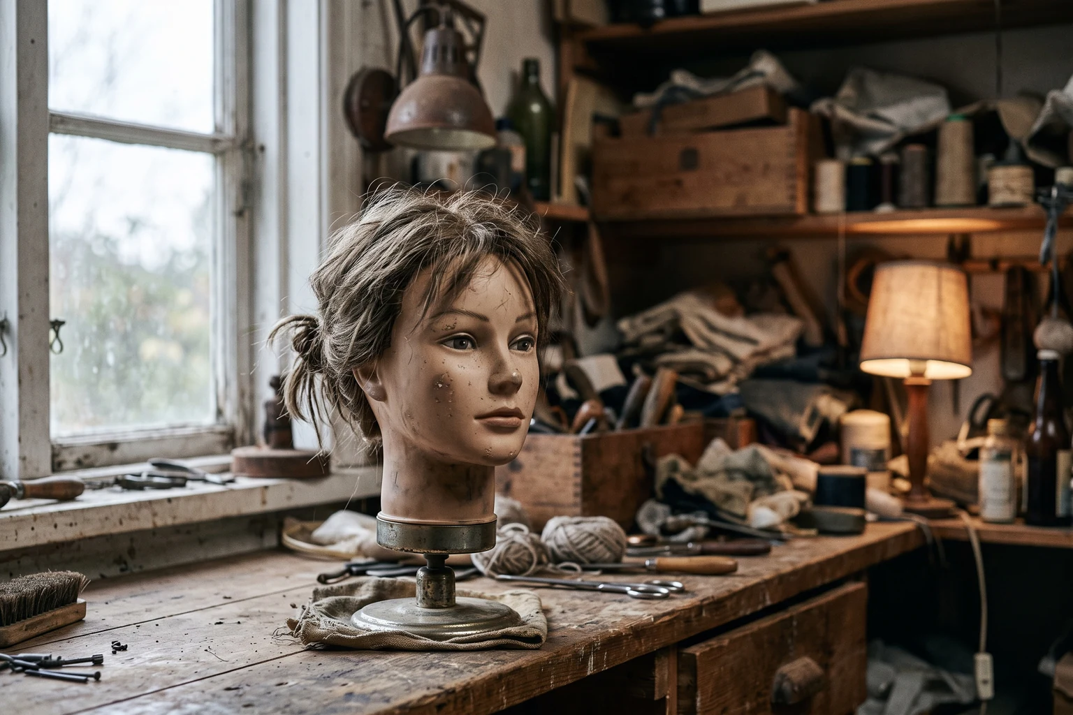 A wigged mannequin head on a stand among tools on a cluttered workbench.