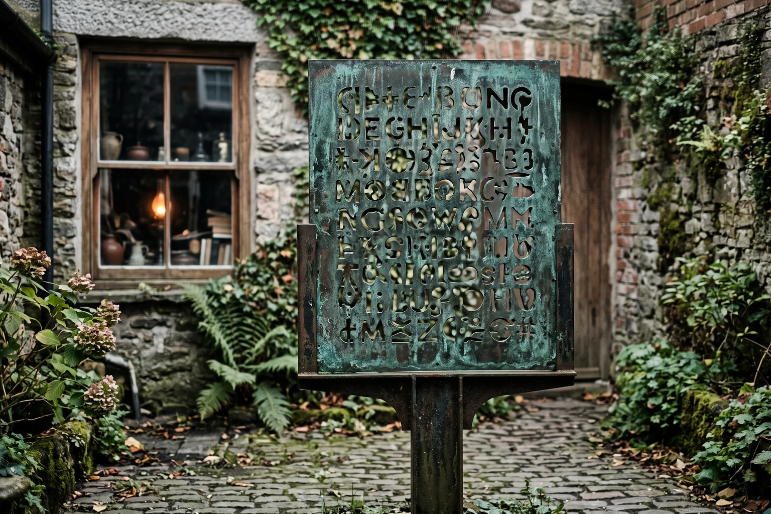 A weathered green copper panel pierced with rows of cipher letters, mounted outdoors against a stone wall.