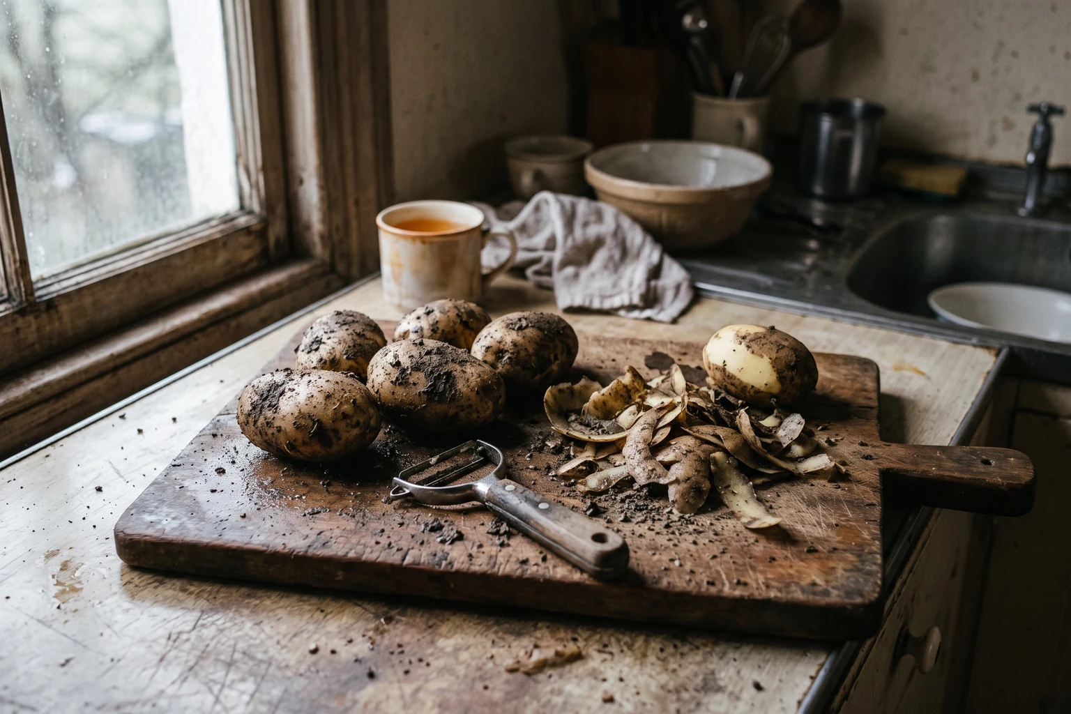 Muddy potatoes, a peeler and curls of skin on a wooden board beside a kitchen sink.