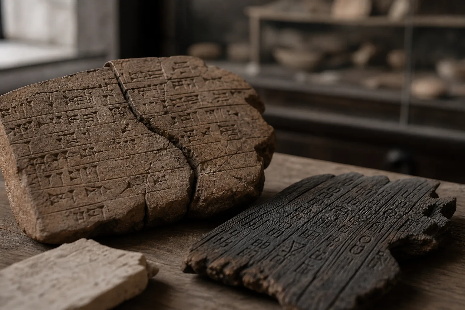 Ancient clay and dark wooden tablets covered in unreadable carved marks on a dim archive table.