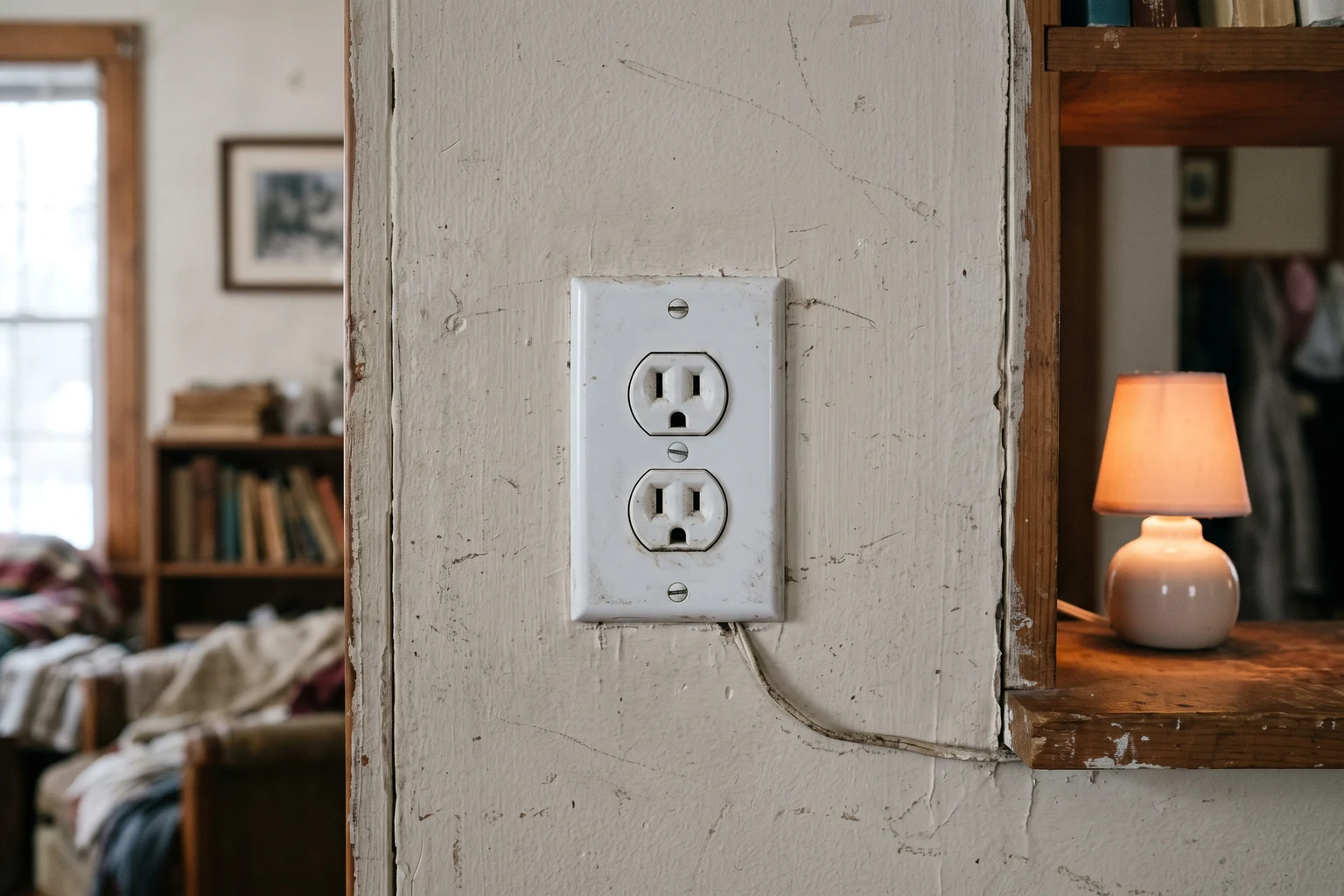 A white electrical socket whose two openings and slot read as a face, on a plain wall.