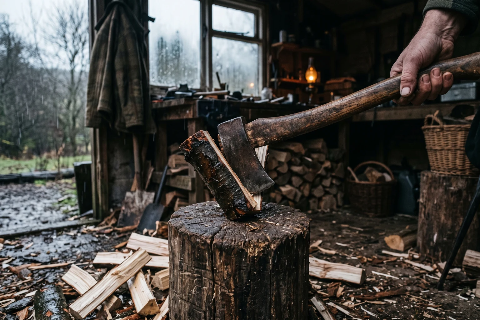An axe struck into a split log on a chopping block outdoors, wet kindling scattered around it.