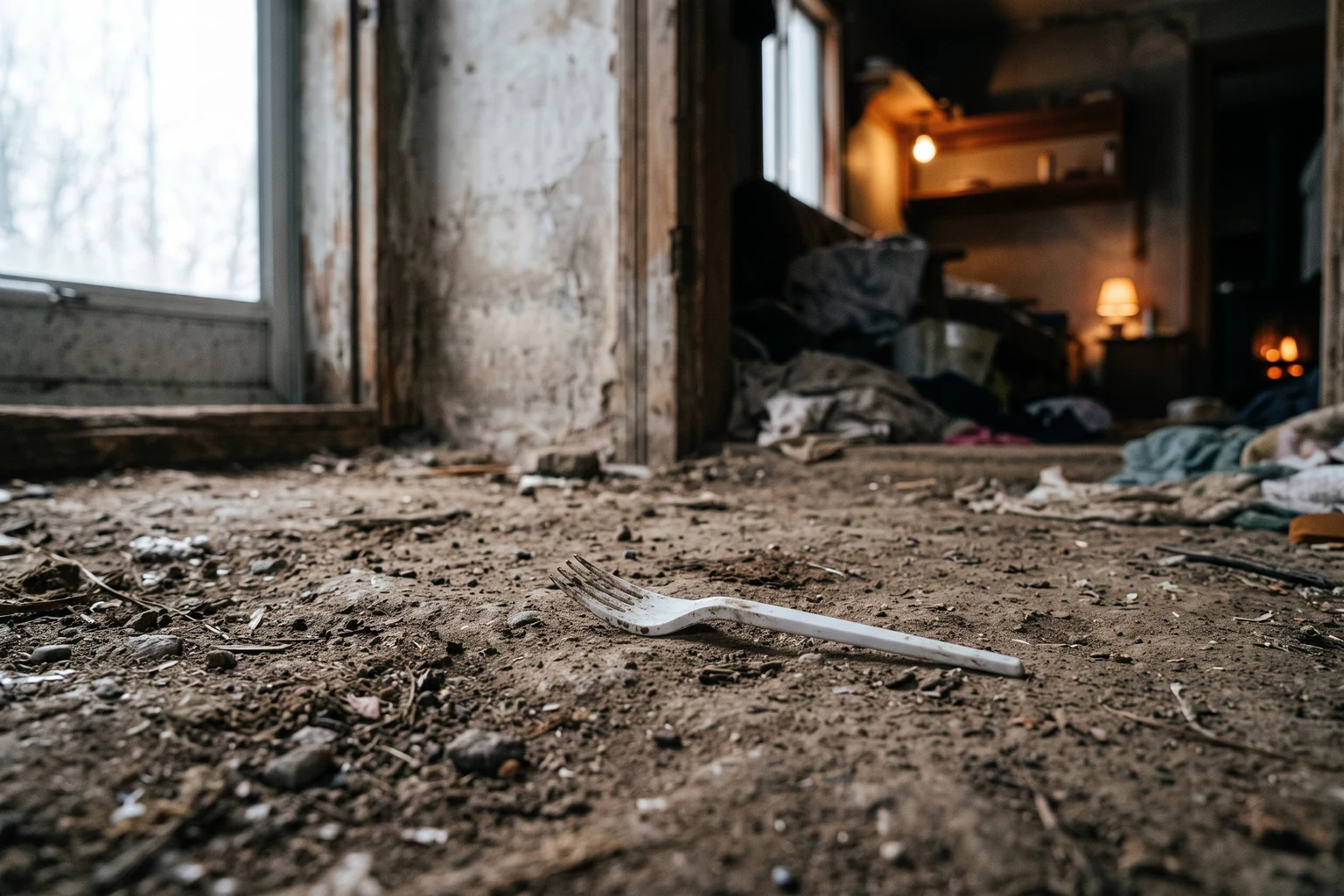 A single white plastic fork lying on the debris strewn floor of a derelict room.