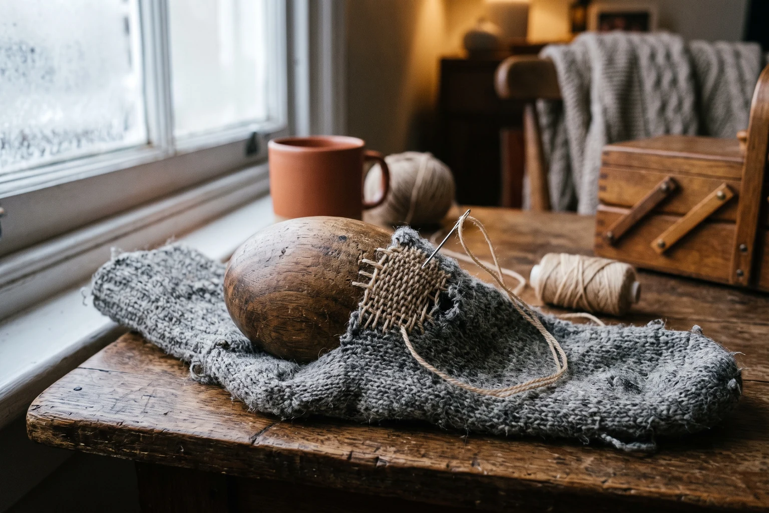 A wooden darning egg inside a grey knitted sock on a table, thread and a sewing box beside it.