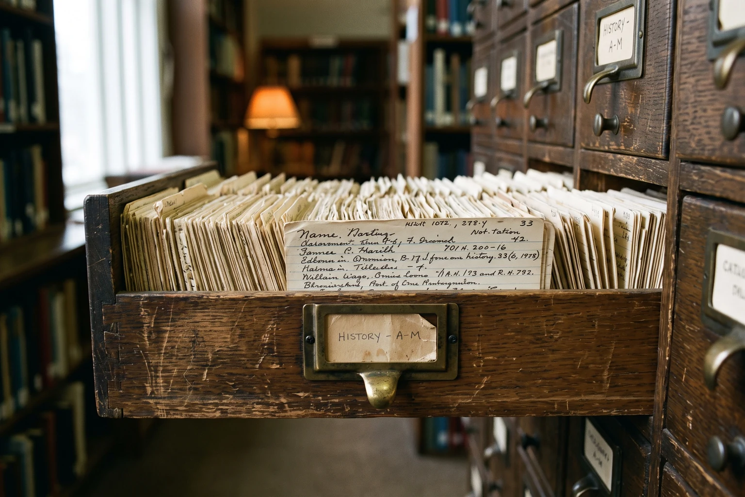 An open library card catalogue drawer packed tight with handwritten index cards, wooden cabinets behind.