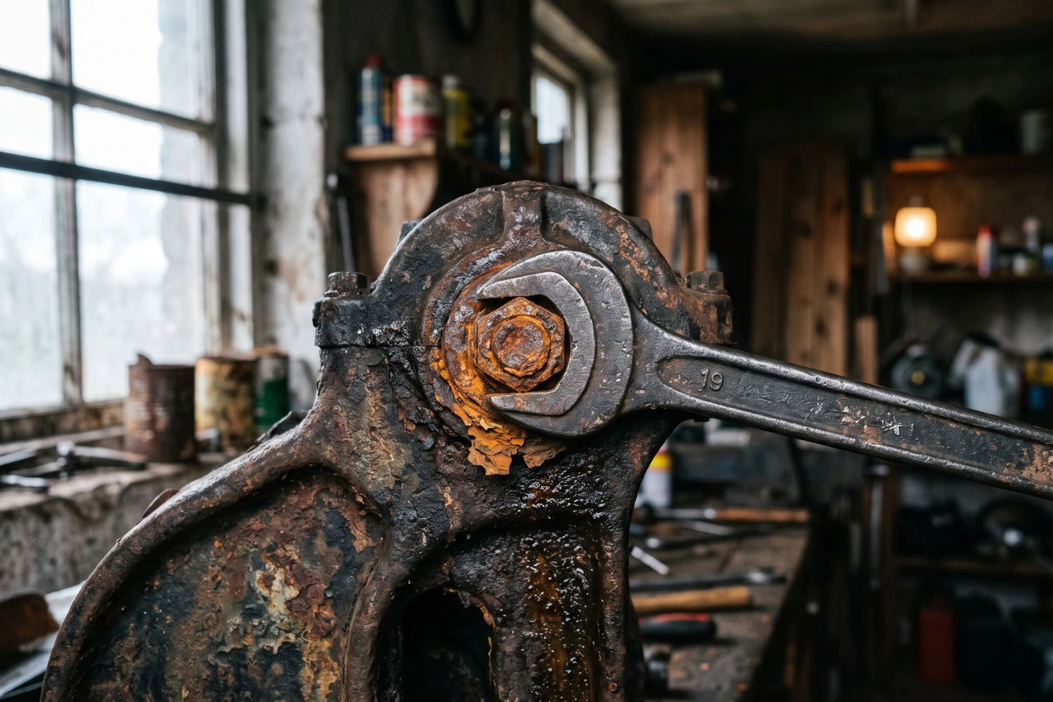 A spanner fitted to a heavily rusted bolt on old machinery in a workshop.