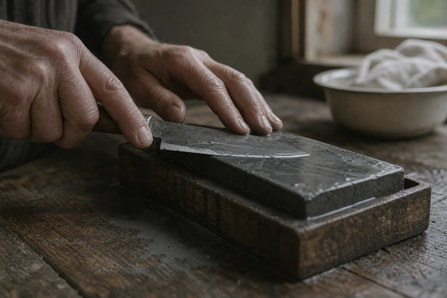 A kitchen knife drawn across a wet grey whetstone, with slurry and water on a worn wooden table.