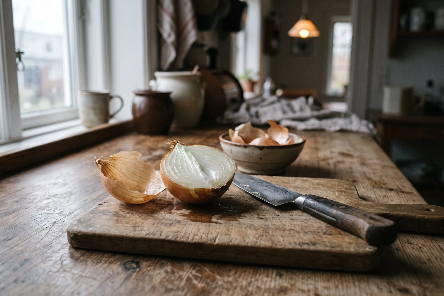 A halved onion and a knife on a wooden board by a kitchen window, papery skins in a bowl.