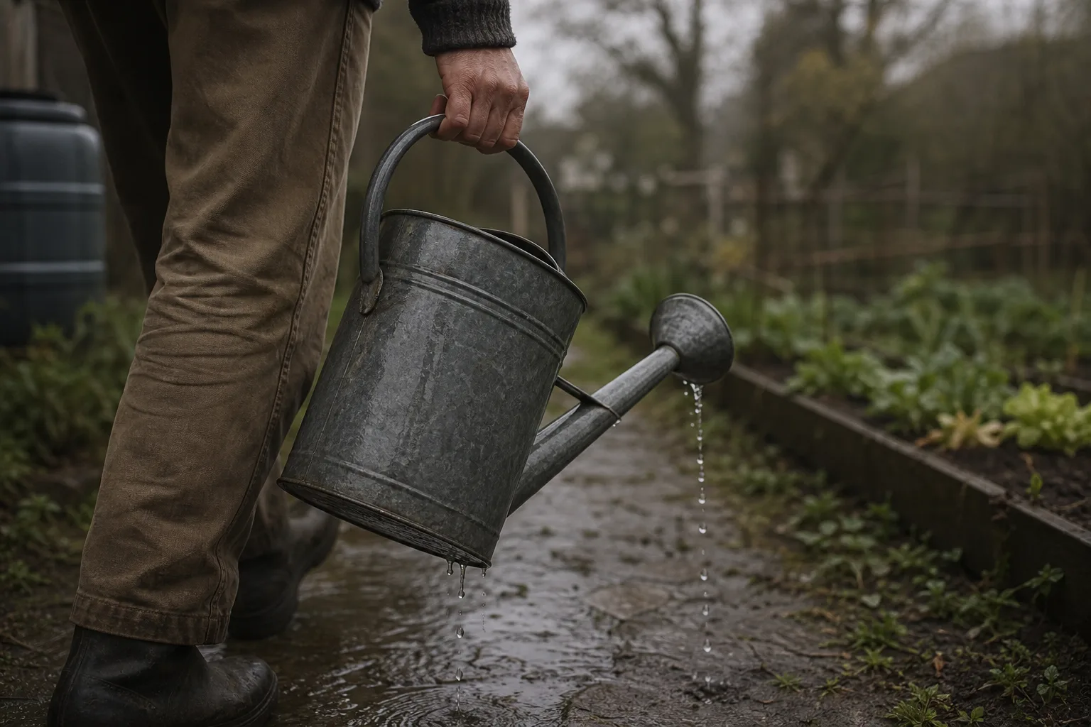 A full galvanized watering can carried low along a wet garden path, water dripping from the rose.