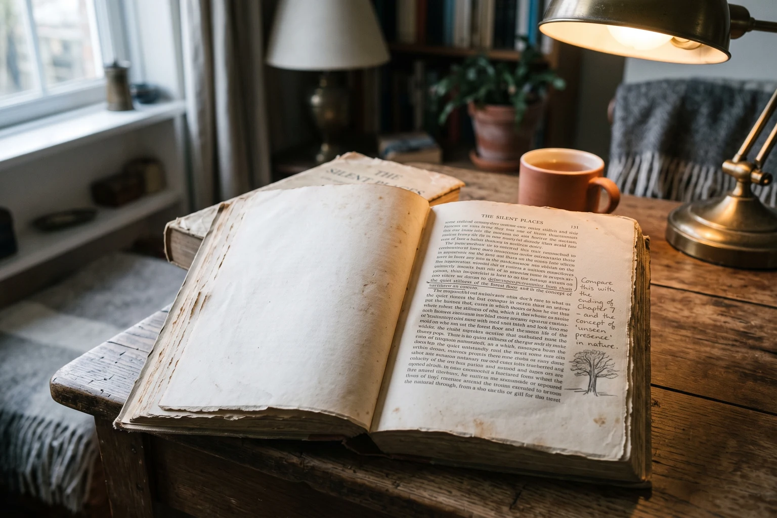 An open old book on a wooden table under a lamp, pencil notes written in the margin.