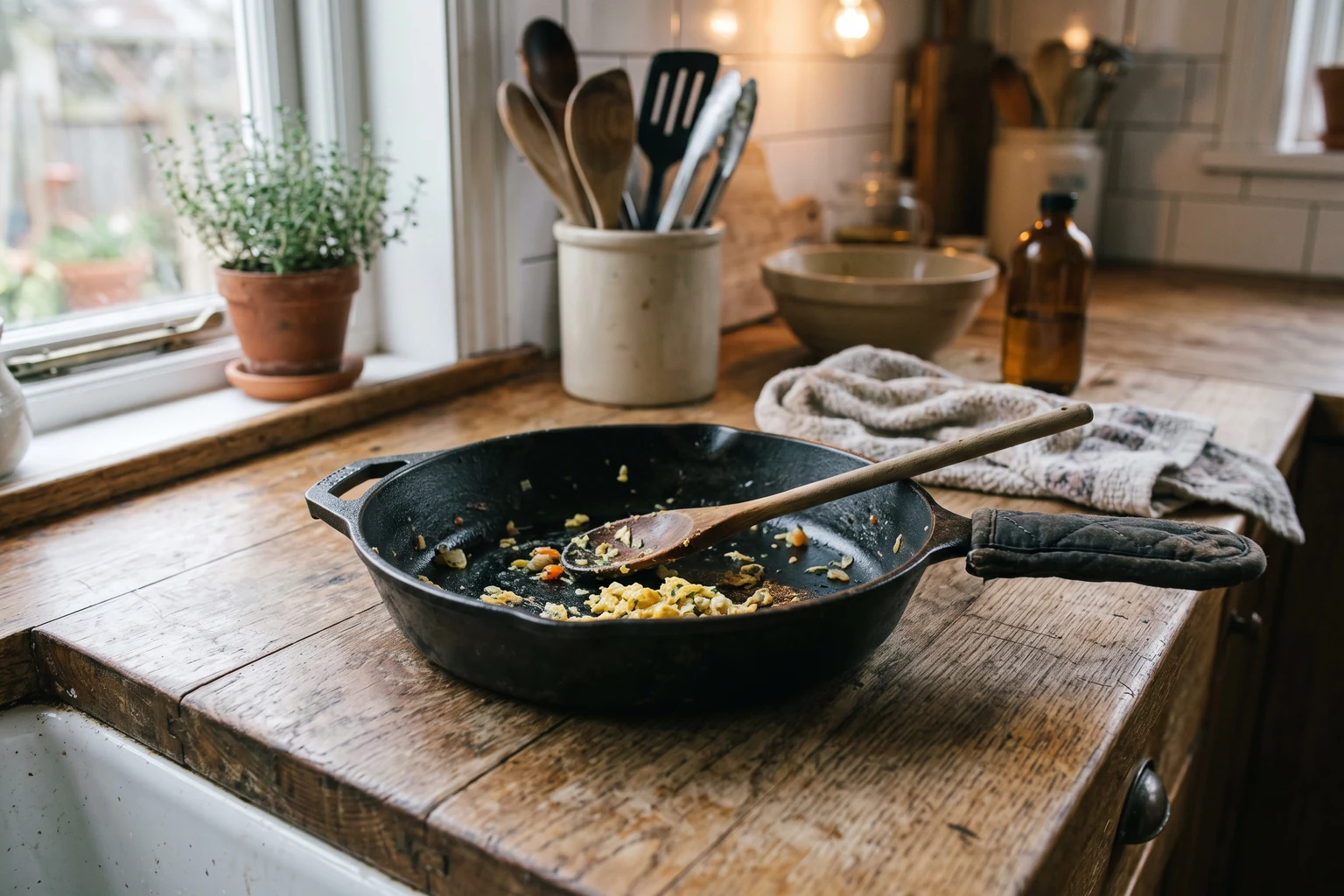 A black cast iron skillet holding the remains of a meal with a wooden spoon, on a scrubbed table by a window.