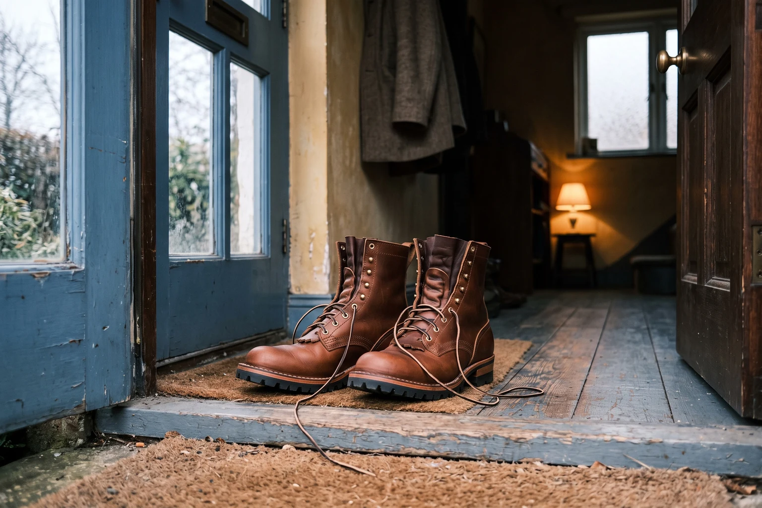 A pair of new brown leather boots standing on a doormat in an open doorway, laces trailing.