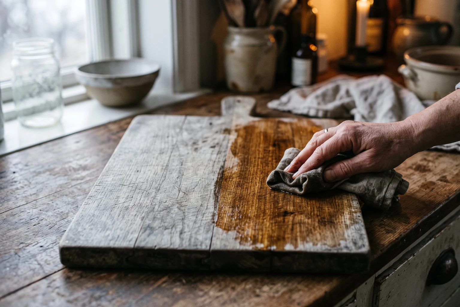 A hand rubbing oil into a grey wooden board, the oiled half darkened to warm brown.