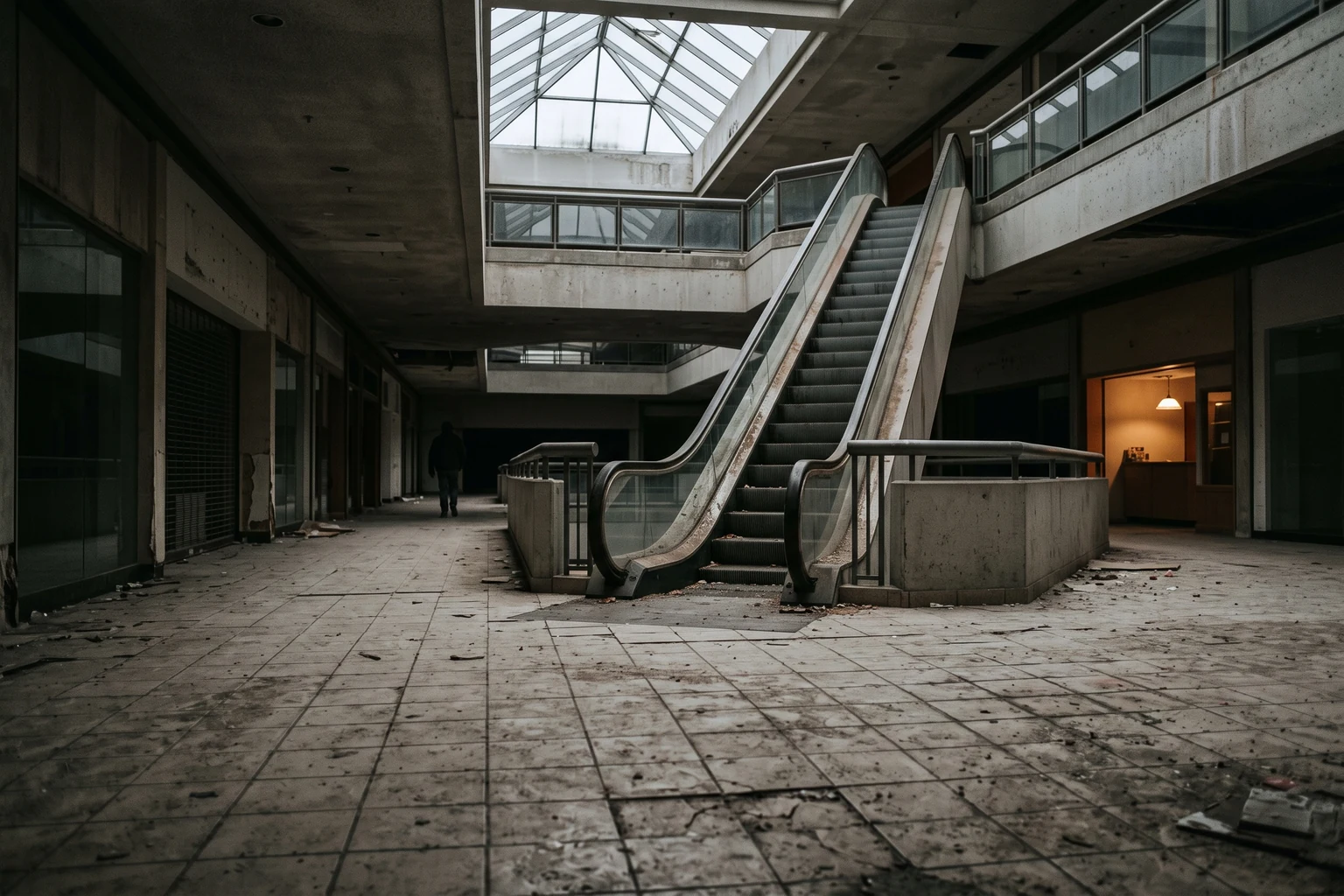 An abandoned shopping mall concourse with a dead escalator and cracked tiled floor under a dirty skylight.