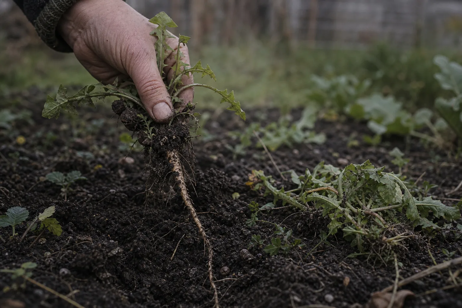 A hand pulling a weed from damp soil, its long pale taproot trailing clods of dark earth.