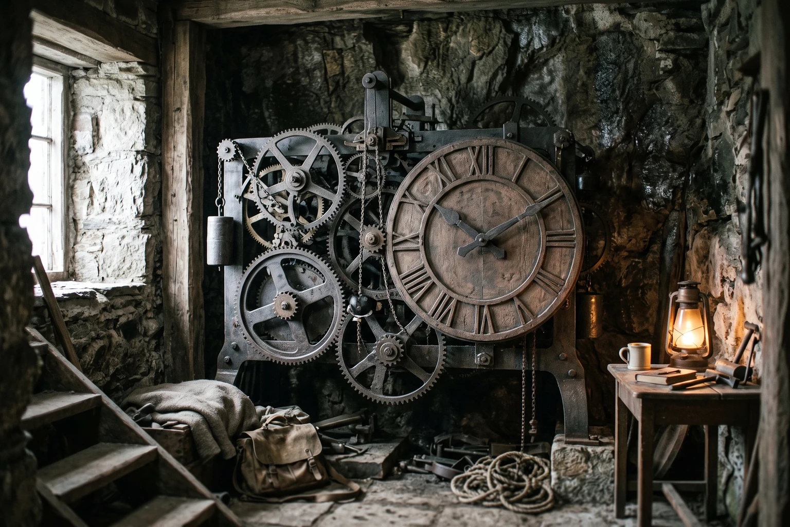 A large mechanical clock with exposed iron gears and a wooden dial standing in a bare stone chamber.