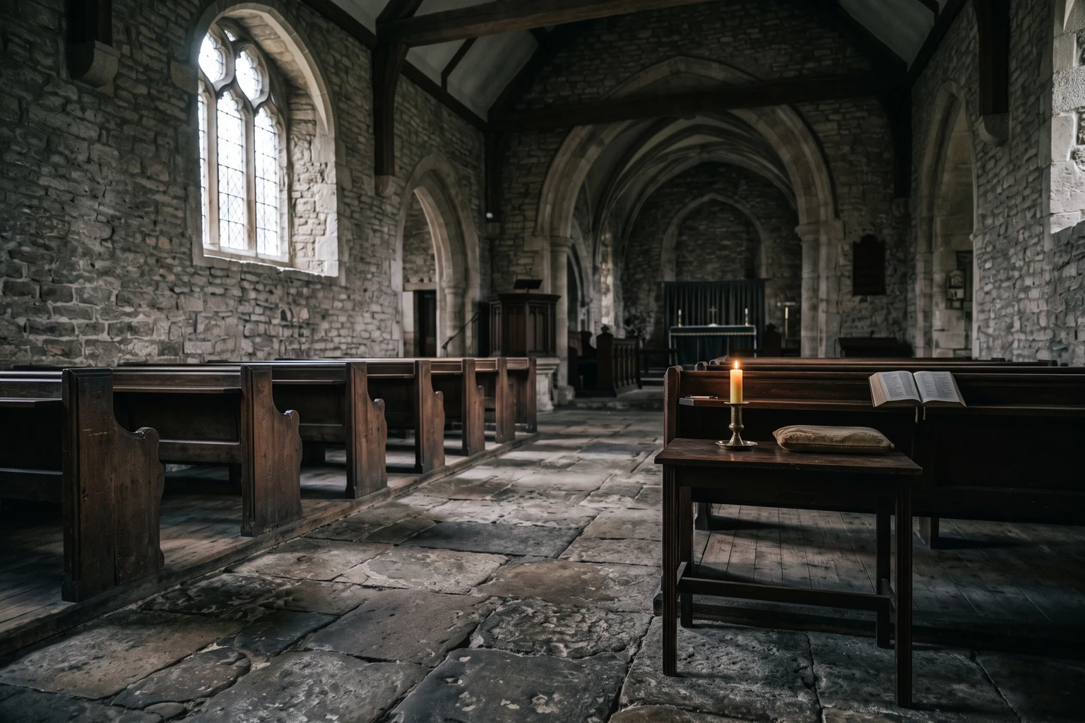 The empty stone interior of an old church, worn flagstones and dark pews, a single candle burning.