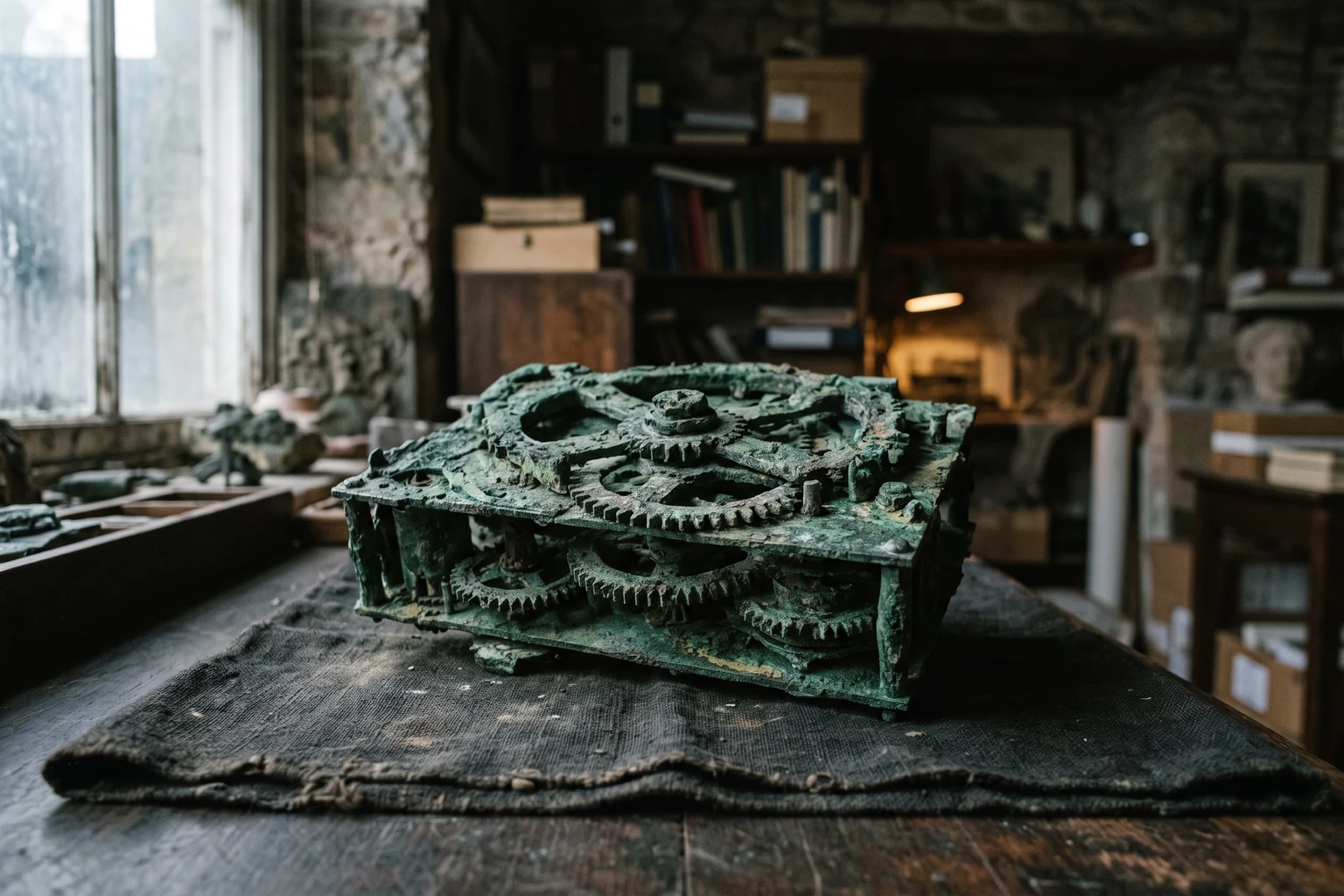 A corroded green bronze mechanism of interlocking gears resting on sacking on a dark table in a cluttered study.