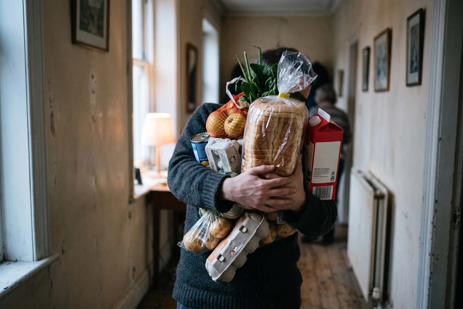 Arms clutching loose groceries without a bag, bread and milk and vegetables, carried down a hallway.