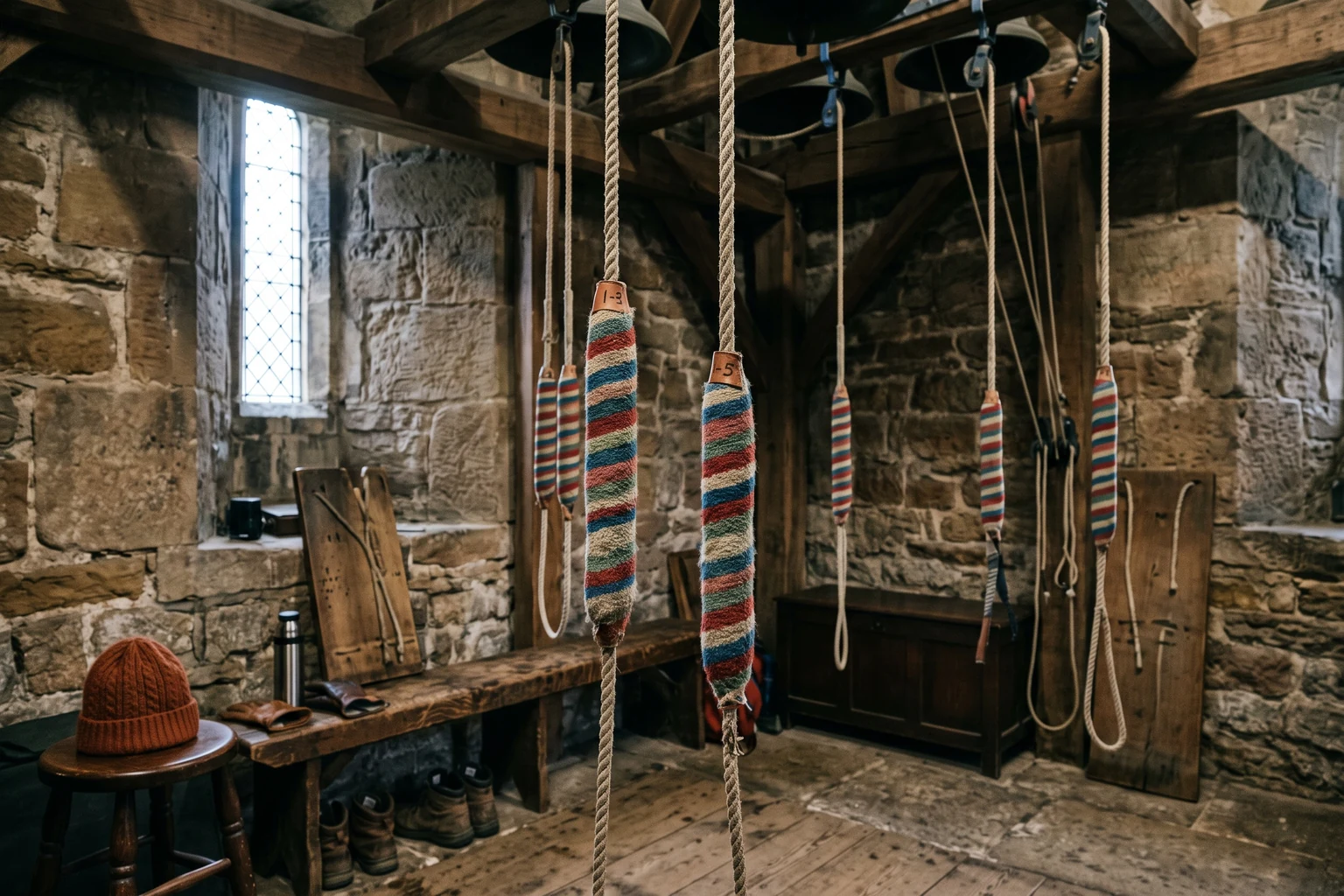 Bell ropes with striped woollen sallies hanging in a stone tower ringing chamber.