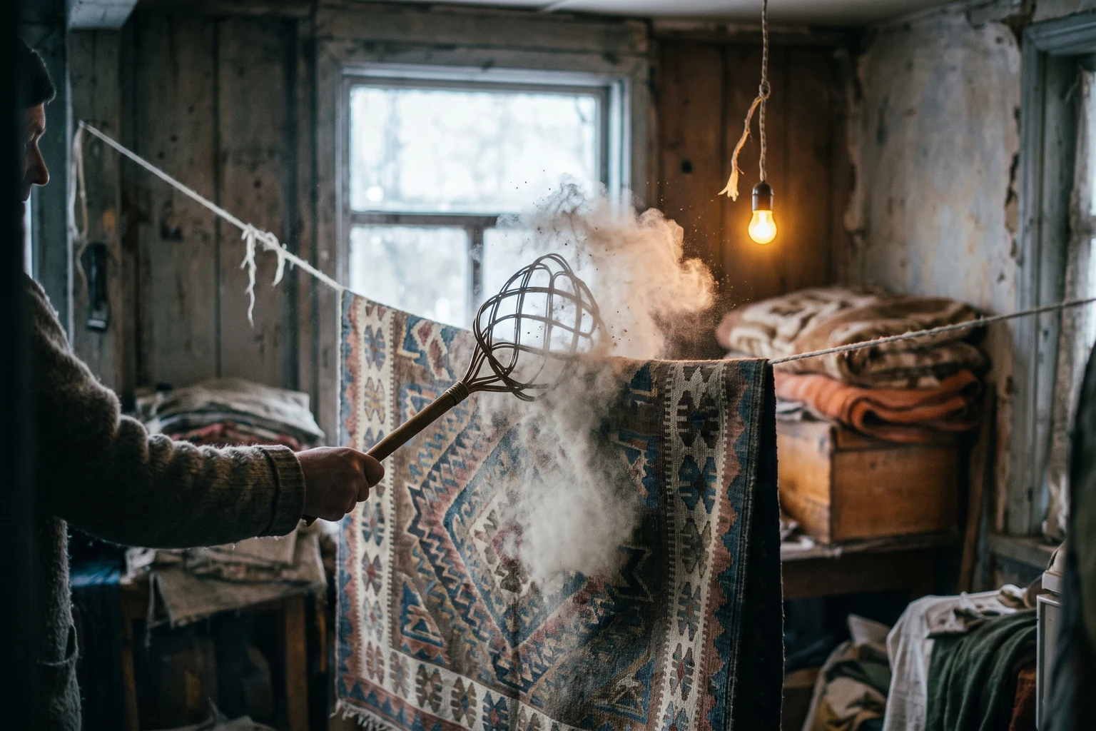 A patterned rug hung on a line indoors, dust bursting from it under a wicker beater.