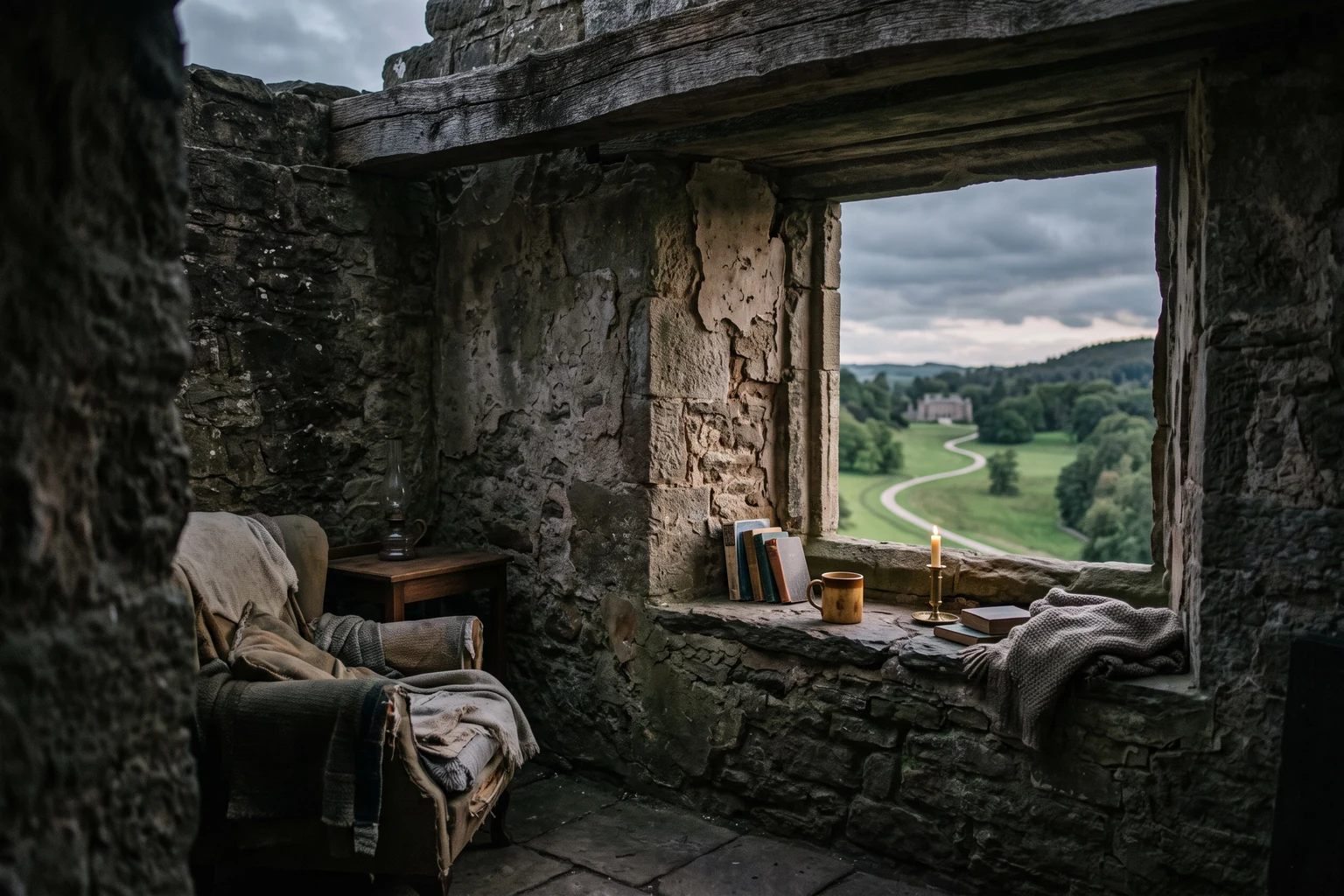 A ruined stone room with an open window looking out over green parkland.