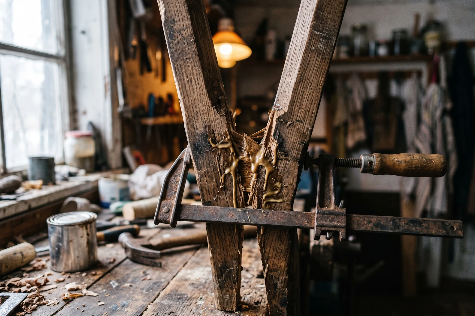 Two splintered wooden chair legs clamped together on a cluttered workbench.