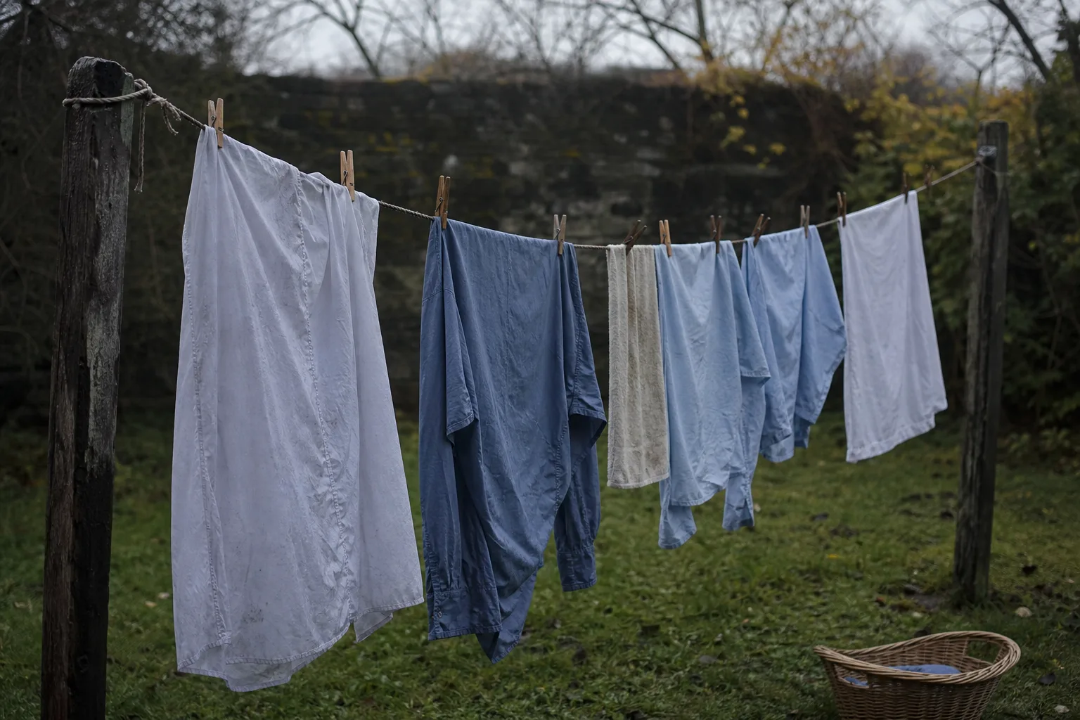 Laundry pegged along a rope line in an overcast garden, a wicker basket waiting on the grass beneath.