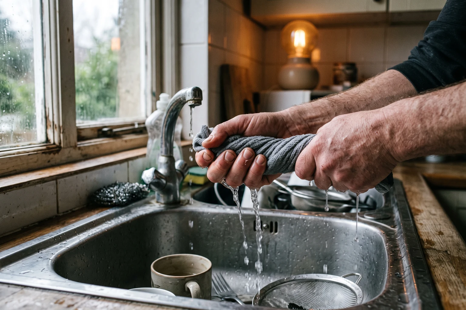 Two hands wringing a sodden cloth rope tight over a kitchen sink, water running from it.