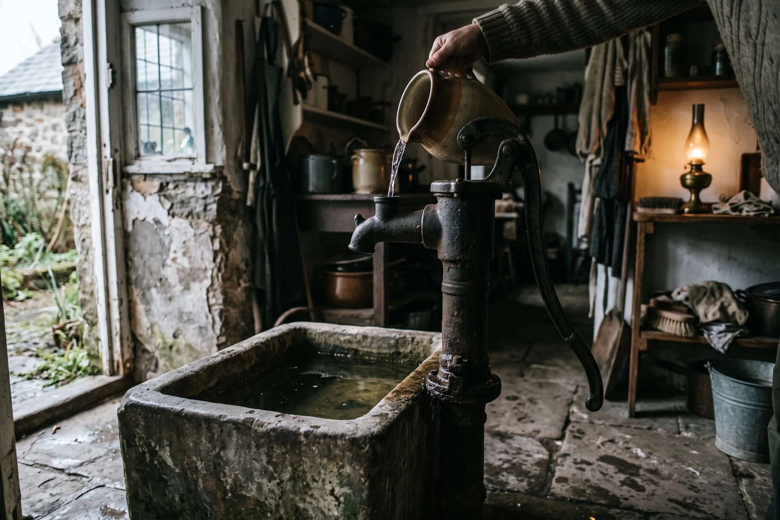 Water poured from a jug into the top of a cast iron hand pump above a stone trough.