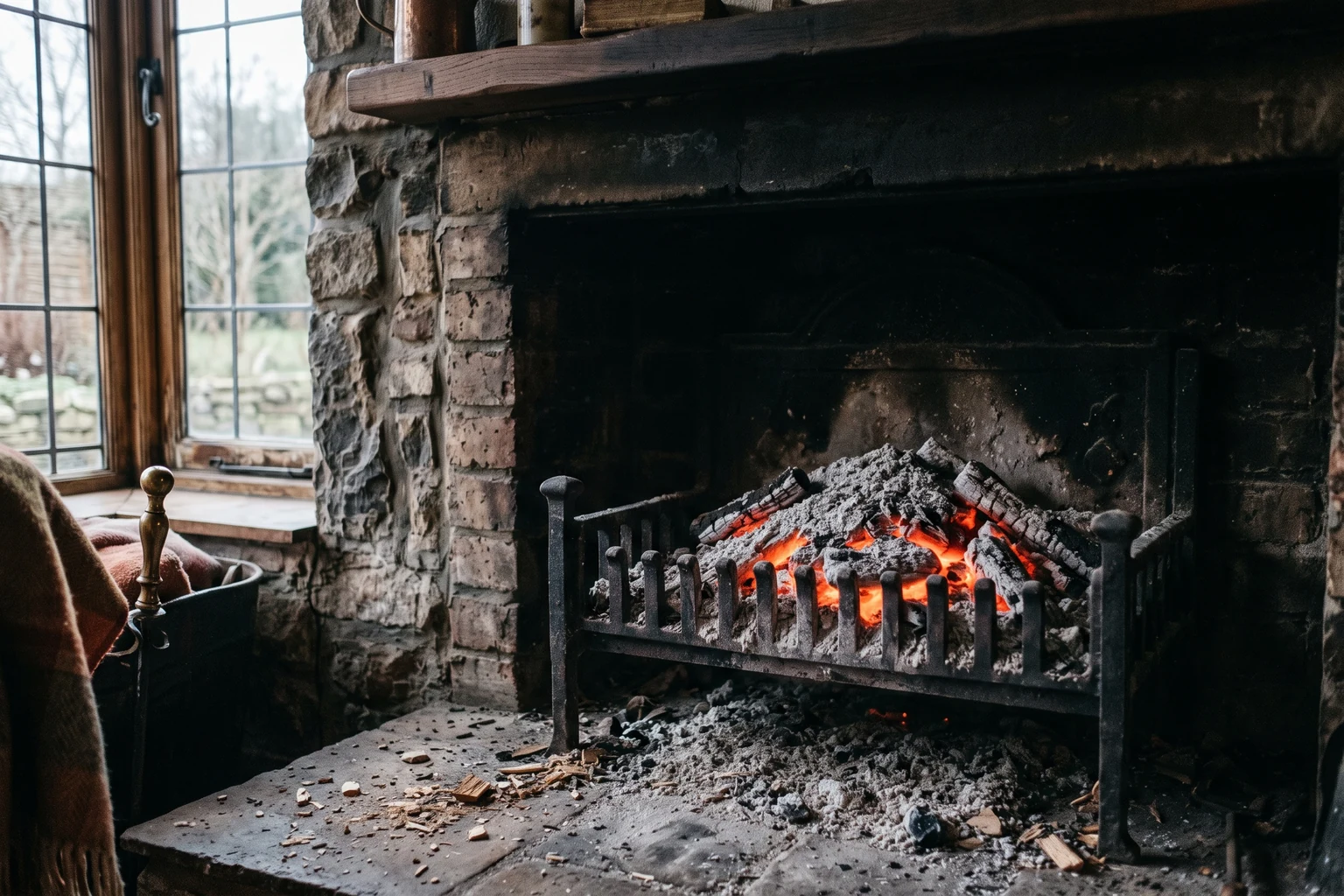 Red coals glowing in a grate under grey ash in a wide stone fireplace.