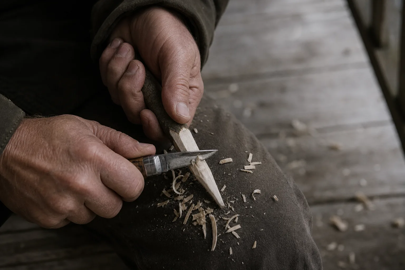 Hands whittling a small stick with a pocketknife, pale wood shavings scattered across a work-worn knee.