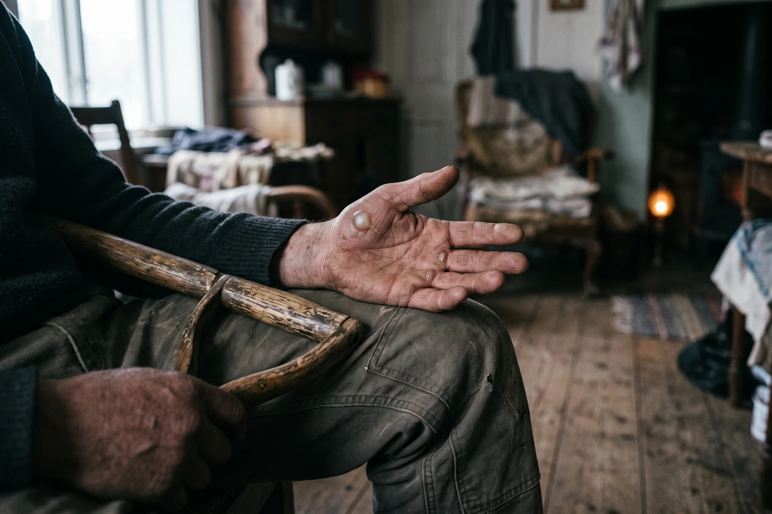 A weathered open palm with a raised blister, still loosely holding a worn wooden tool handle.