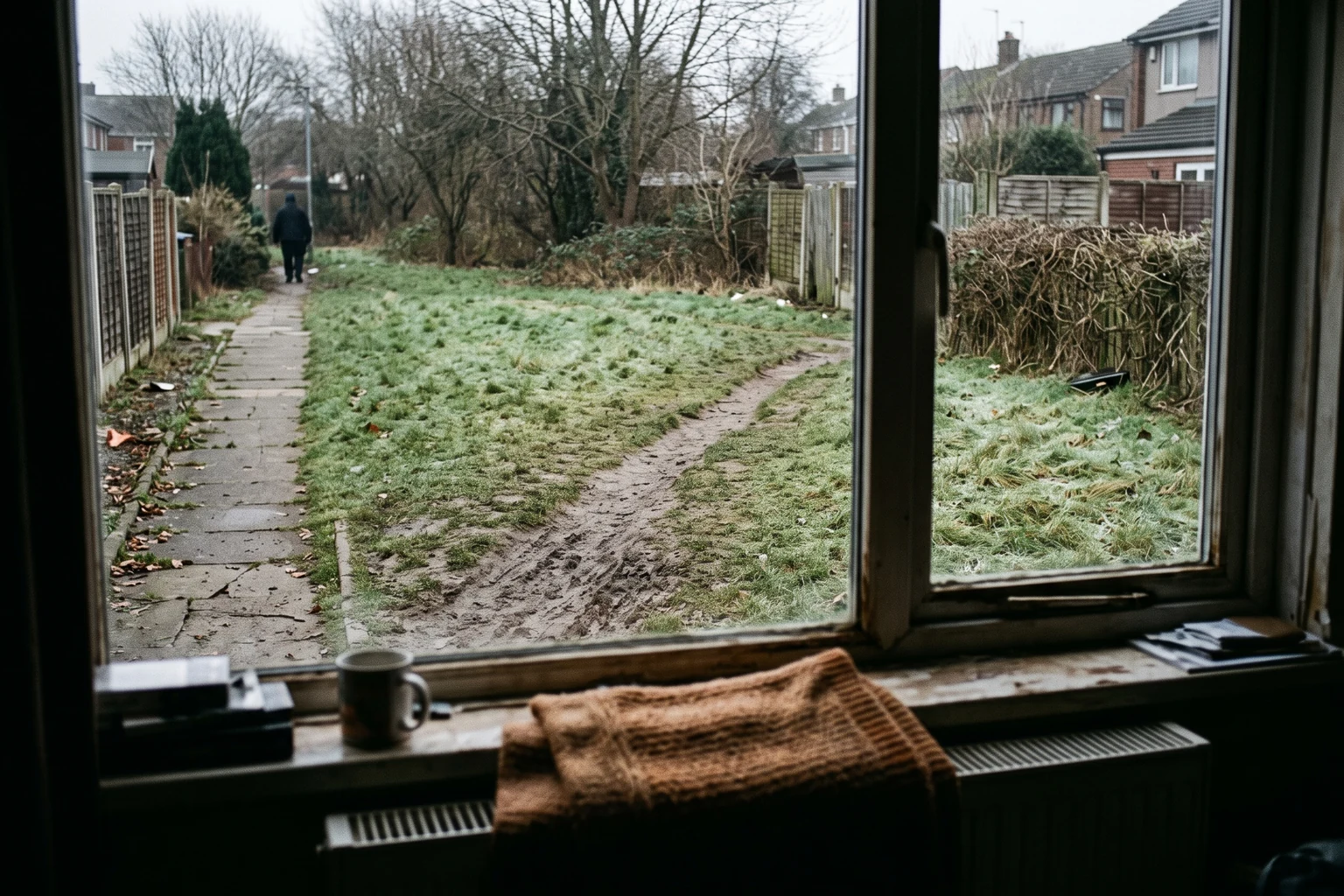 Seen through a window: a bare track worn diagonally across grass beside a paved path.